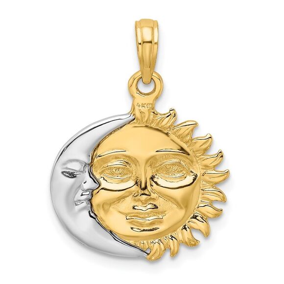 14k Yellow and White Gold 17mm 3D Sun and Moon Pendant - Picture 3 of 5